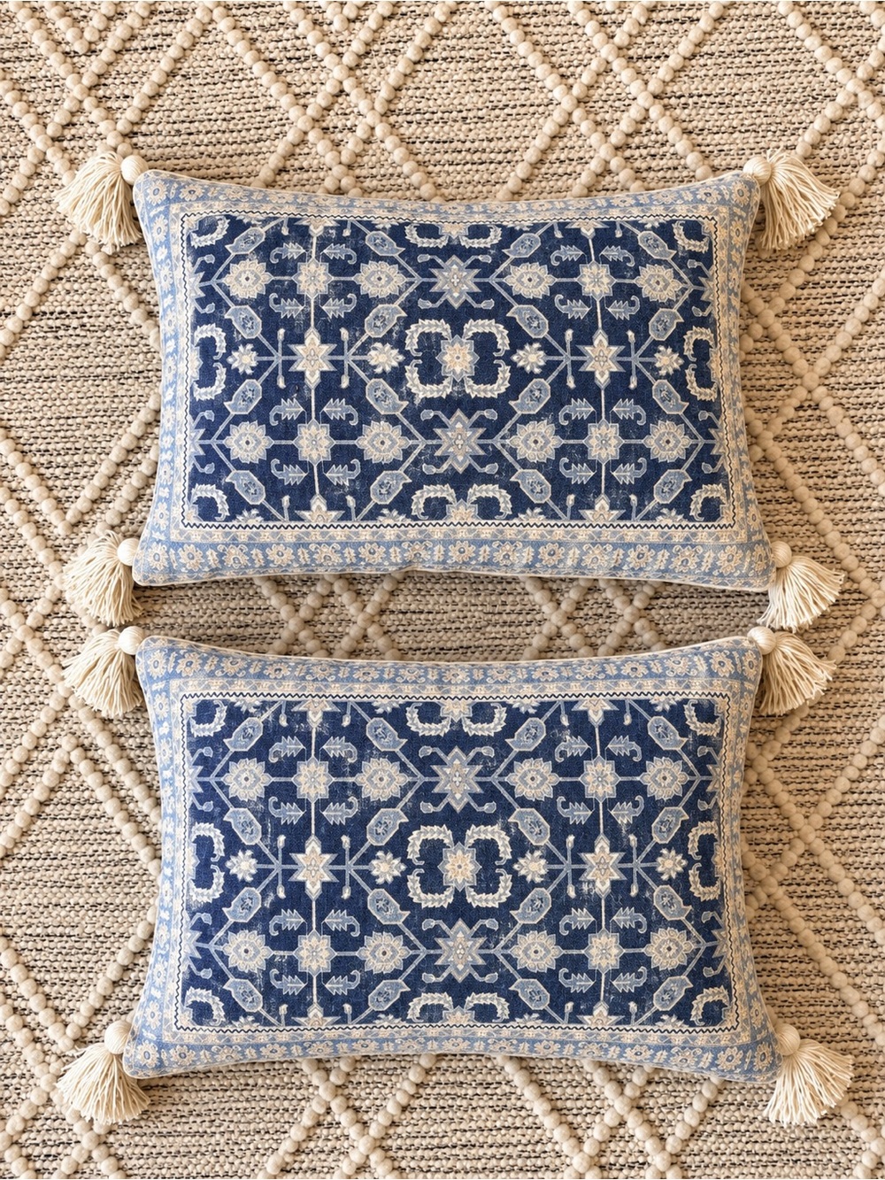Set of 2 Blue Ivory Vintage Floral Lumbar Throw Pillows 13x19 Tassels